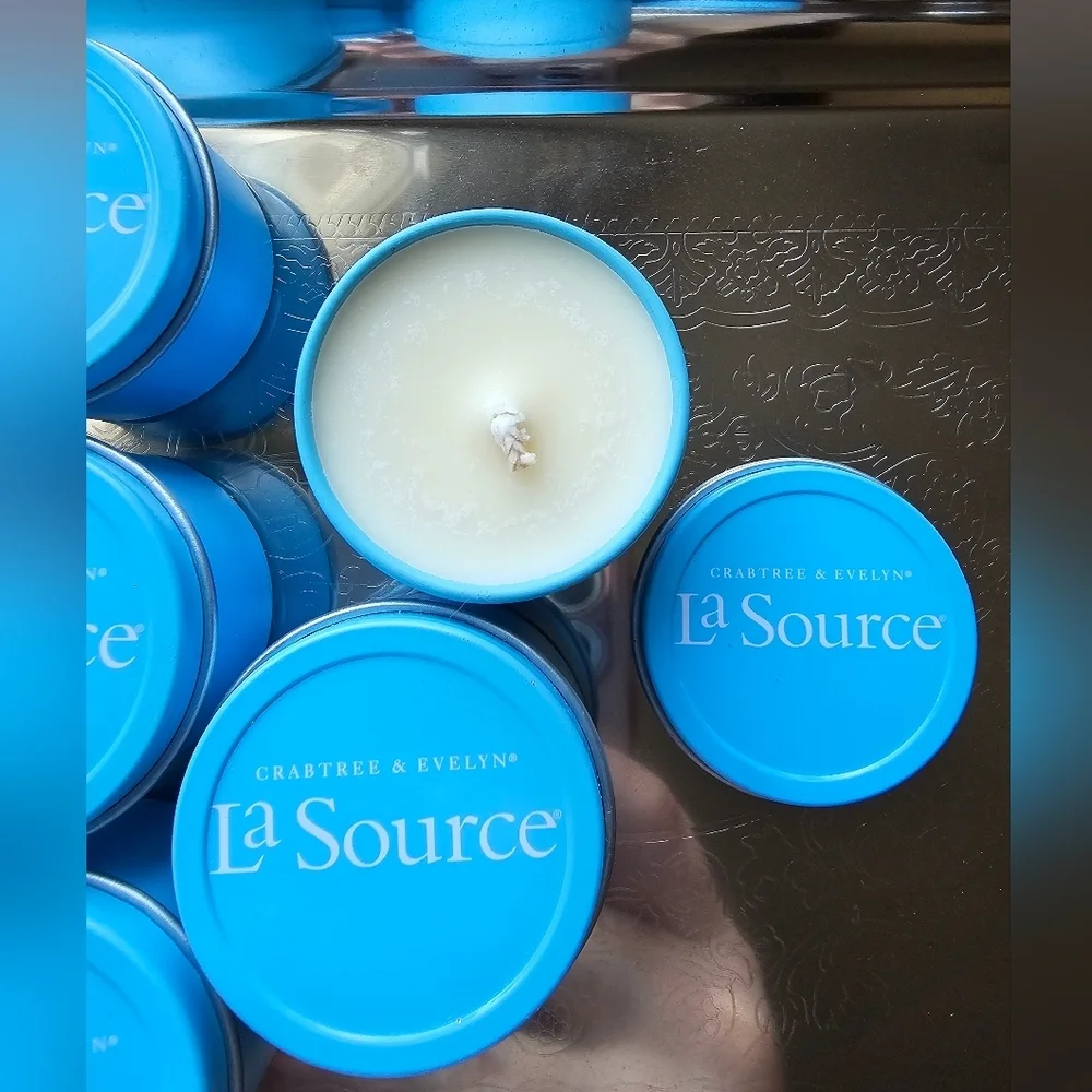 New Vintage Crabtree & Evelyn La Source Blue Travel Candle Set 5 Scented Candles